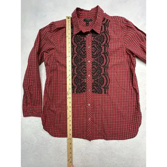 J Crew Shirt Womens 12P Embroidered Beaded Plaid Red Classic Holiday 100% Cotton - Picture 5 of 9